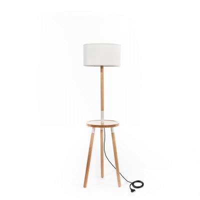 Lampada da terra Charge in legno di Faggio e Tessuto bianco con ricarica USB e Wireless, 40x40 h135 cm