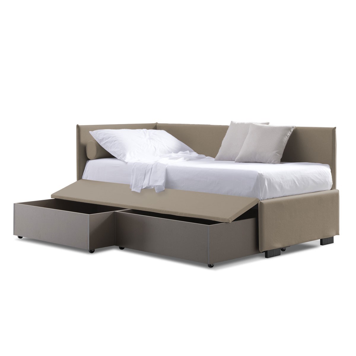 Morph Letto Laterale Imbottito in Tessuto idrorepellente beige con Cassettoni Estraibili, 80x190 cm