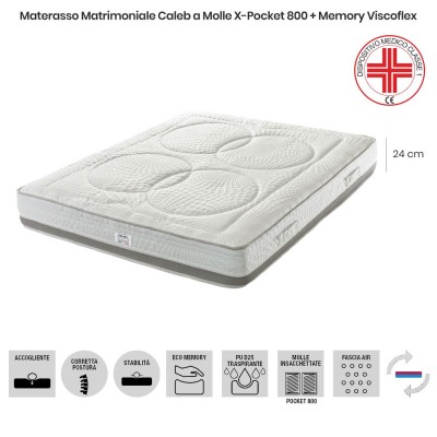 Materasso Caleb a Molle X-Pocket 800 + Memory Viscoflex massaggiante cover Sfoderabile, altezza 24 cm