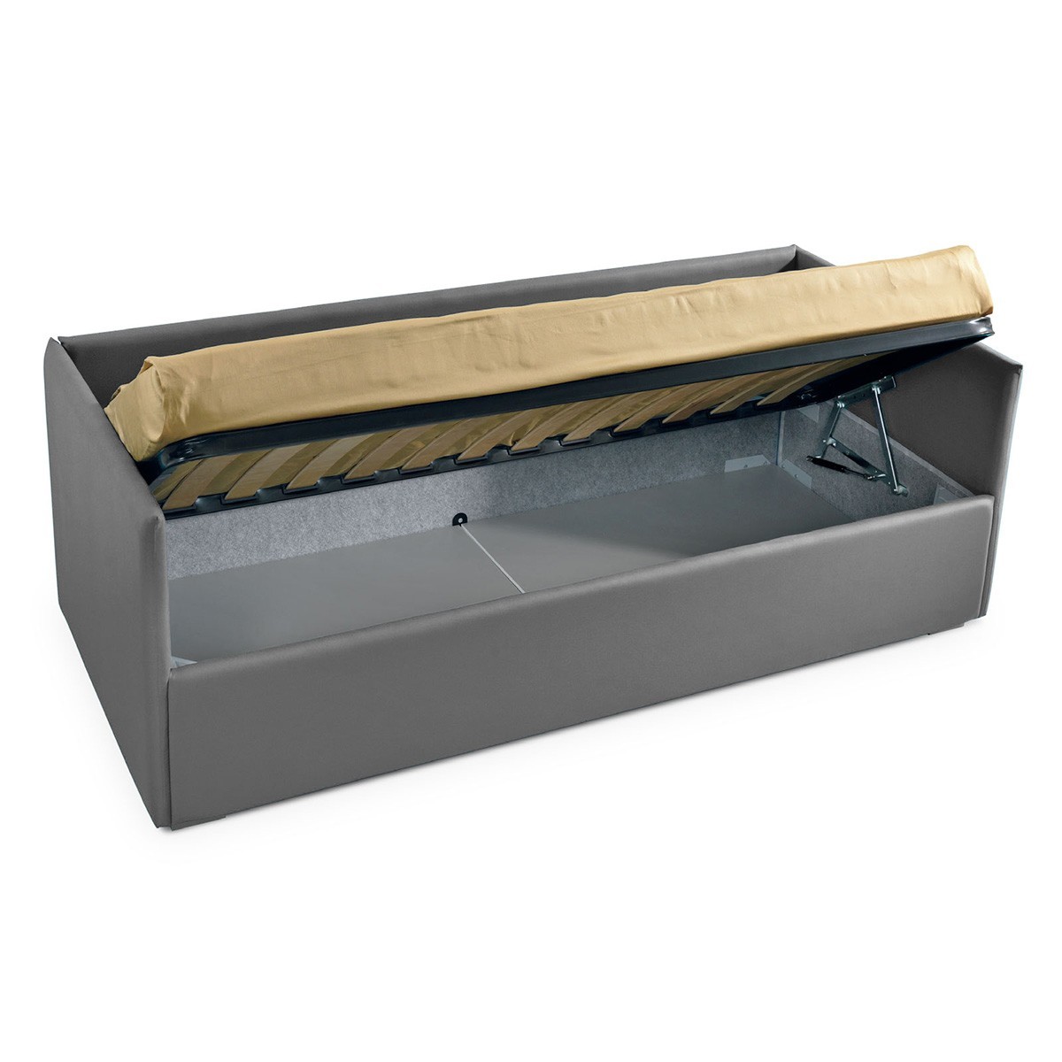 Morph Divano Letto Imbottito in Tessuto idrorepellente grigio con Box Contenitore, 80-90x190 cm