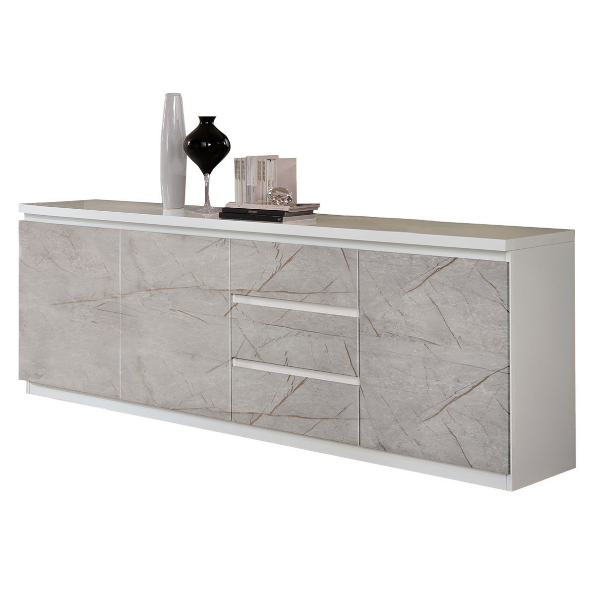 Madia Buffet ROMA Bianca e Marmo Oro Laccata Lucido 3 Ante e 3 Cassetti, 220 x 50 x h83 cm