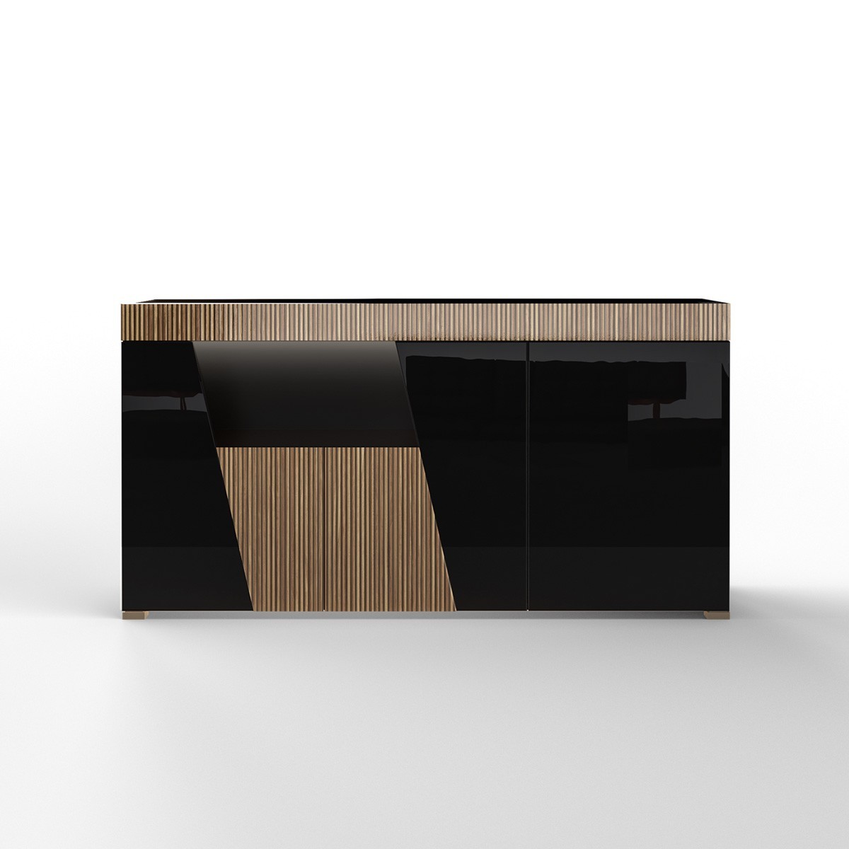 Madia Buffet SATIRO Nera Lucido laccato e Legno con 3 ante e Luce LED Integrata, 158 x 47 x h85 cm