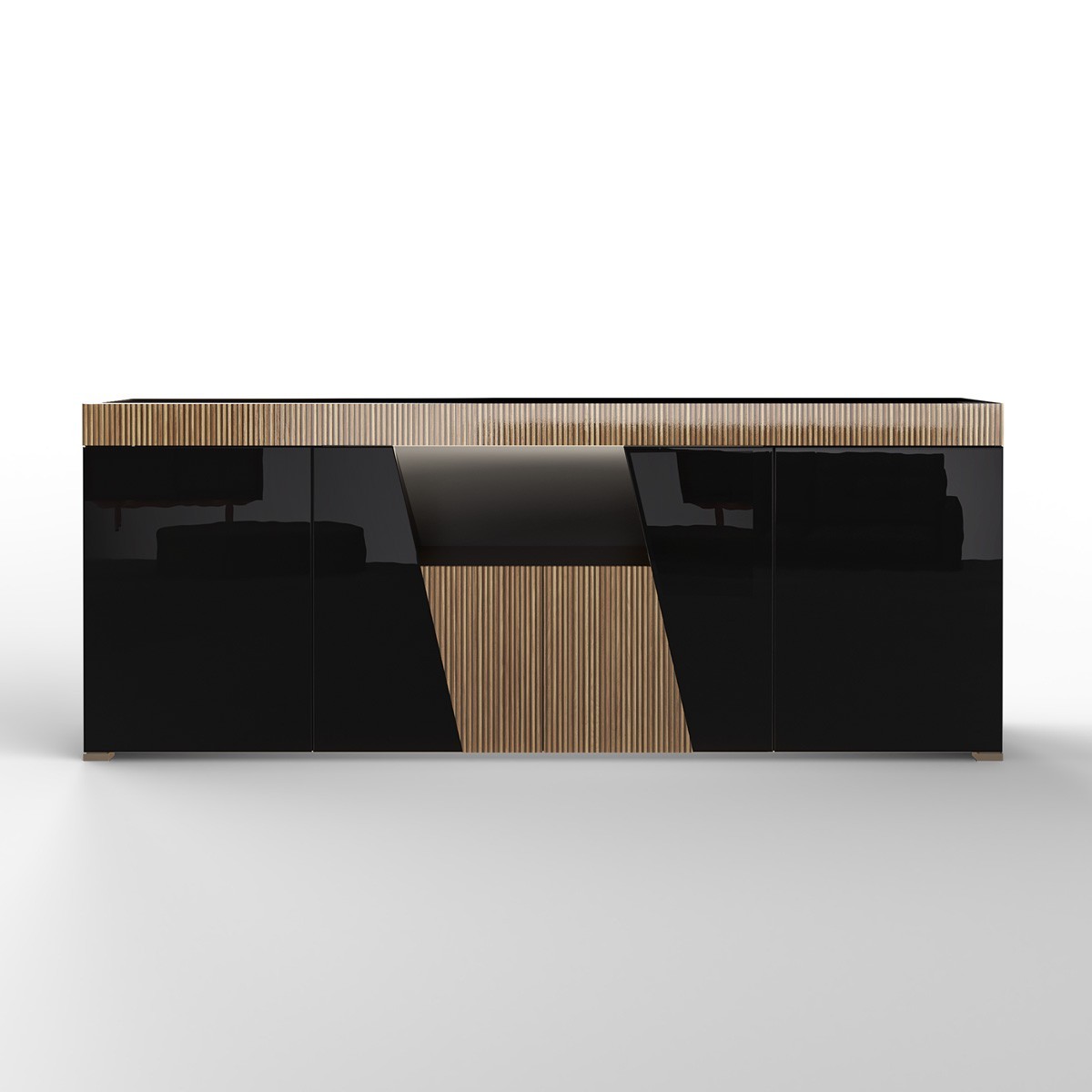 Madia Buffet SATIRO Nera Lucido laccato e Legno con 4 ante e Luce LED Integrata, 209 x 47 x h85 cm