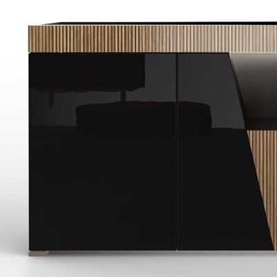 Madia Buffet SATIRO Nera Lucido laccato e Legno con 4 ante e Luce LED Integrata, 209 x 47 x h85 cm