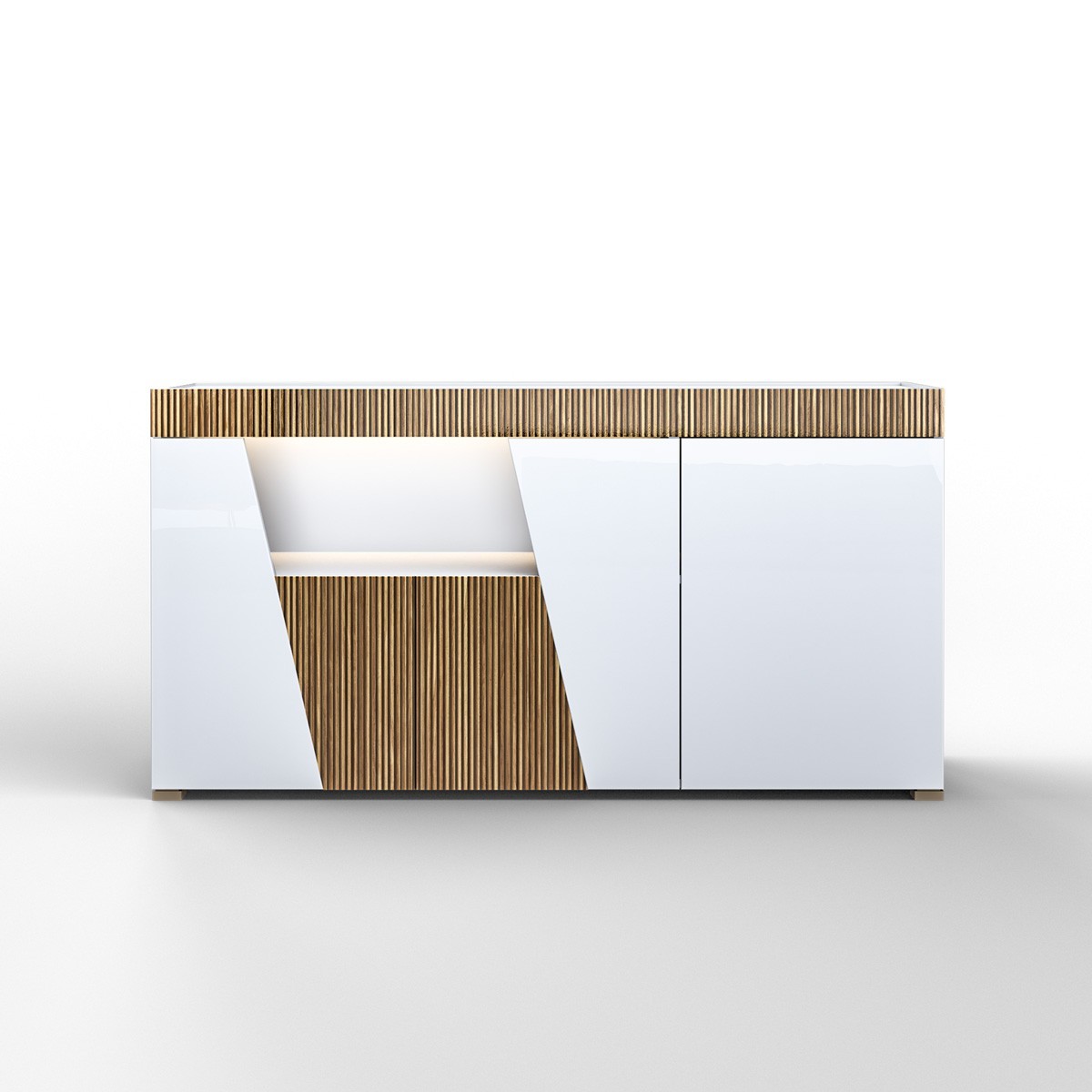 Madia Buffet SATIRO Bianca Lucido laccato e Legno con 3 ante e Luce LED Integrata, 158 x 47 x h85 cm