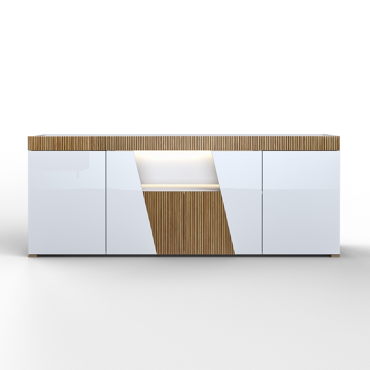 Madia Buffet SATIRO Bianca Lucido laccato e Legno con 4 ante e Luce LED Integrata, 209 x 47 x h85 cm