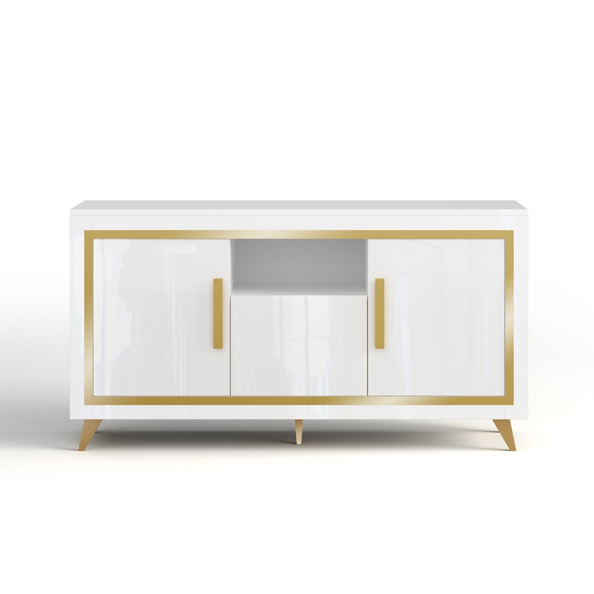 Madia Buffet DORO Bianca lucido laccato con Serigrafia Oro 3 ante e Luce LED Integrata, 160 x 45 x h85 cm