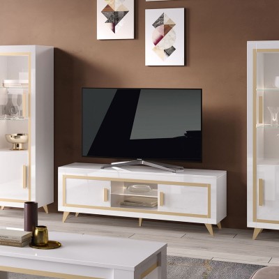 Mobile TV DORO Bianco lucido laccato con Serigrafia Oro 2 ante con Luce LED Integrata, 160 x 45 x h56 cm