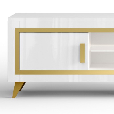 Mobile TV DORO Bianco lucido laccato con Serigrafia Oro 2 ante con Luce LED Integrata, 160 x 45 x h56 cm