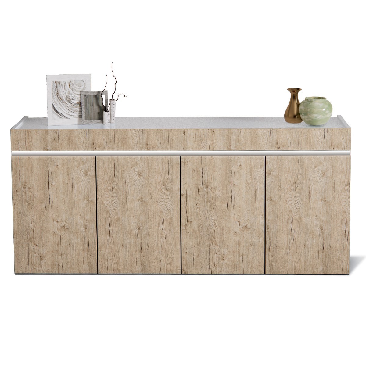 Madia Buffet WOOD Bianca Laccata Lucido 4 Ante con finitura Legno Chiaro Opaco, 210 x 45 x h85 cm