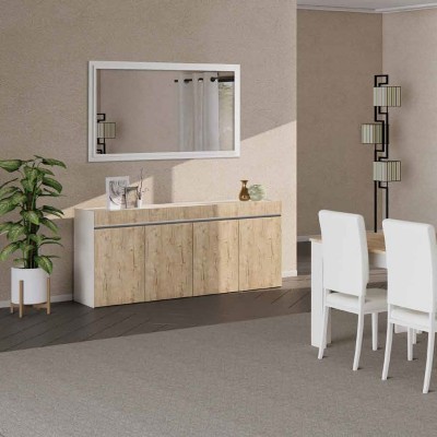 Madia Buffet WOOD Bianca Laccata Lucido 4 Ante con finitura Legno Chiaro Opaco, 210 x 45 x h85 cm