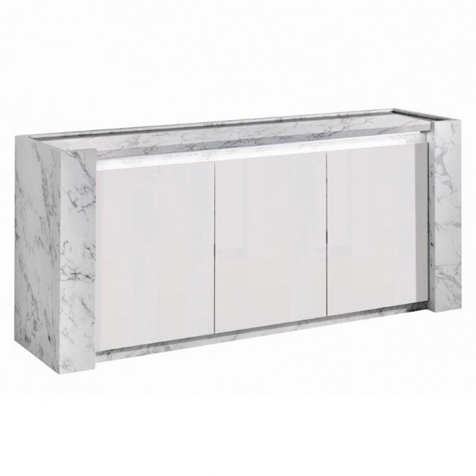 Madia Buffet VITTORIA Bianca e Marmo Laccata Lucido con 3 Ante e luce LED, 195 x 50 x h 85 cm